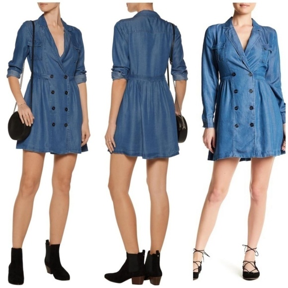 Walter Baker Blue A-line Dress with 3/4 Cuffed Sleeves and Plunge Neckline - Picture 1 of 9